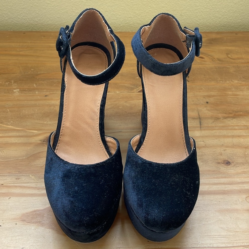 Urban Outfitters Velvet Ankle Strap Platform Wedges
